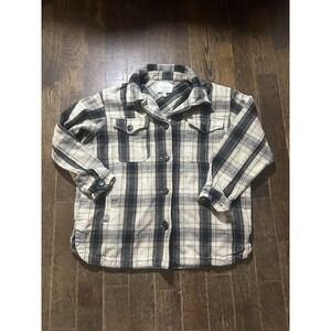 Lucky Brand Shacket Womens Medium Beige Black Plaid Casual Outdoor Button‎ Front